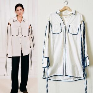 Sunset Lover SIZE 6 white & blue contrast tie shoulder long shirt